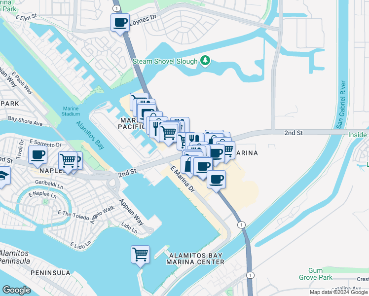 map of restaurants, bars, coffee shops, grocery stores, and more near 6398 Pacific Coast Highway in Long Beach