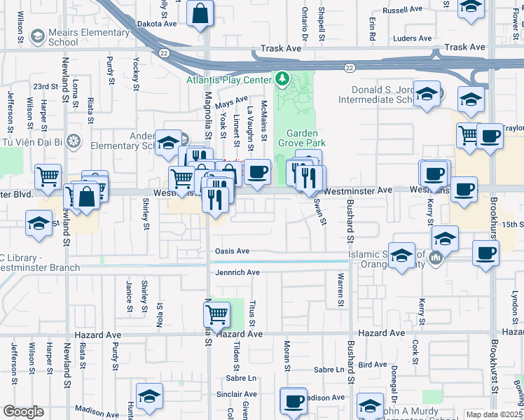 map of restaurants, bars, coffee shops, grocery stores, and more near 9200 Westminster Boulevard in Garden Grove