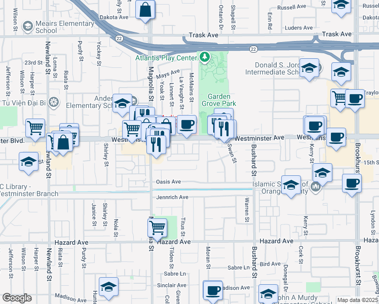 map of restaurants, bars, coffee shops, grocery stores, and more near 9200 Westminster Boulevard in Garden Grove