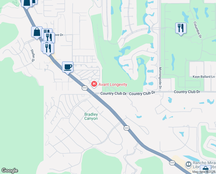 map of restaurants, bars, coffee shops, grocery stores, and more near 20 Vía Condotti in Rancho Mirage
