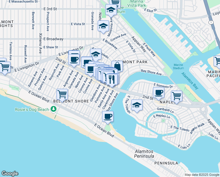 map of restaurants, bars, coffee shops, grocery stores, and more near 5353 2nd Street in Long Beach