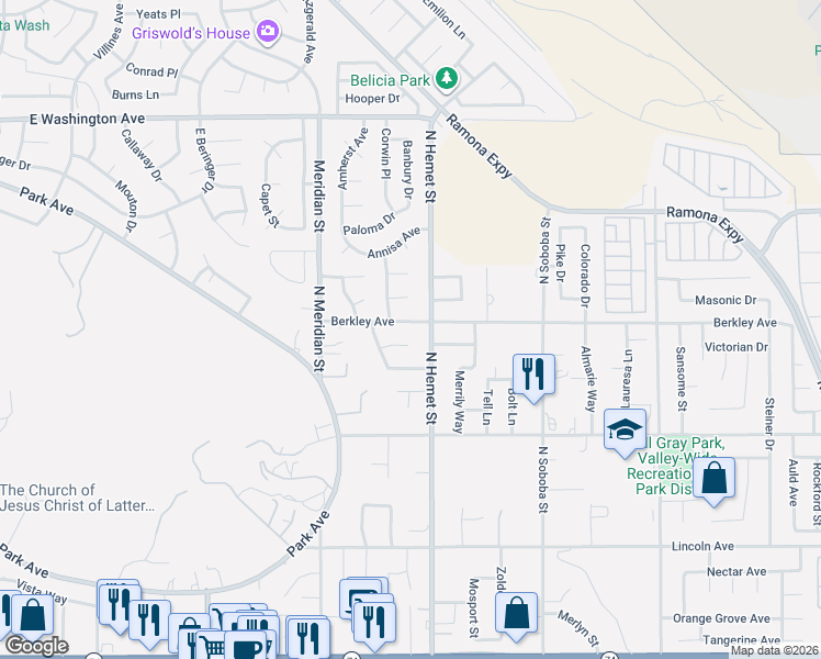 map of restaurants, bars, coffee shops, grocery stores, and more near 4392 Berkley Avenue in Hemet