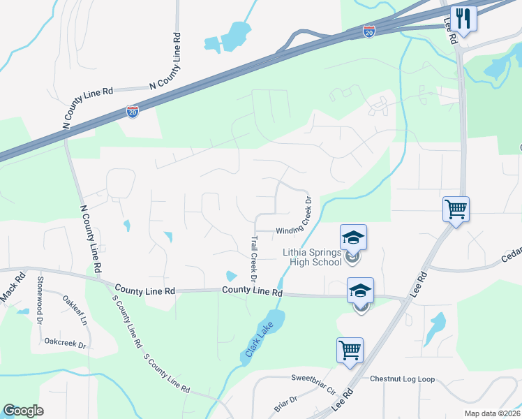 map of restaurants, bars, coffee shops, grocery stores, and more near 1687 Trail Creek Drive in Lithia Springs