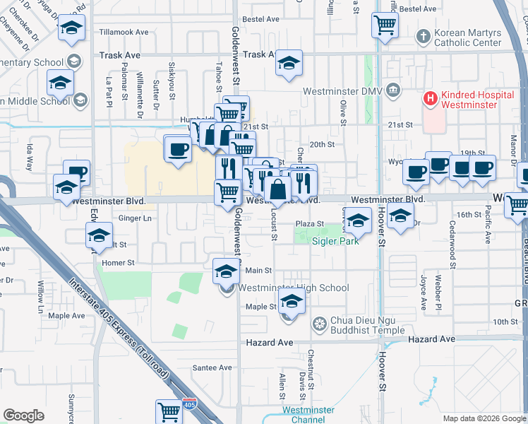 map of restaurants, bars, coffee shops, grocery stores, and more near 7122 Westminster Boulevard in Westminster