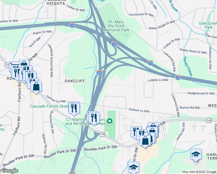 map of restaurants, bars, coffee shops, grocery stores, and more near 3191 Oakcliff Road Northwest in Atlanta