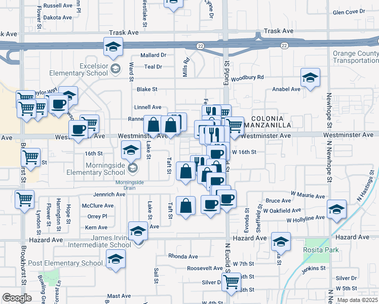 map of restaurants, bars, coffee shops, grocery stores, and more near 10866 Westminster Avenue in Garden Grove