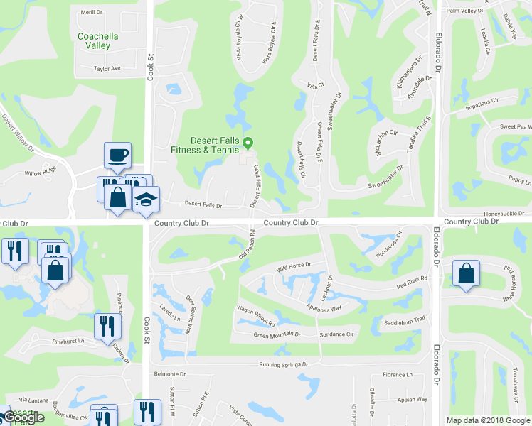 map of restaurants, bars, coffee shops, grocery stores, and more near 145 Desert Falls Drive in Palm Desert