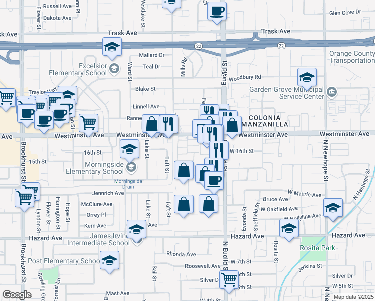 map of restaurants, bars, coffee shops, grocery stores, and more near 10866 Westminster Avenue in Garden Grove