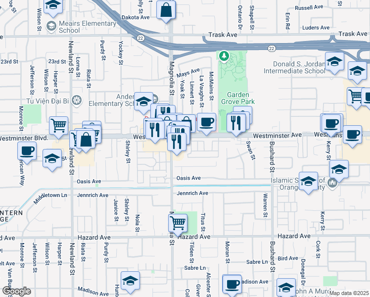 map of restaurants, bars, coffee shops, grocery stores, and more near 9066 Westminster Boulevard in Westminster