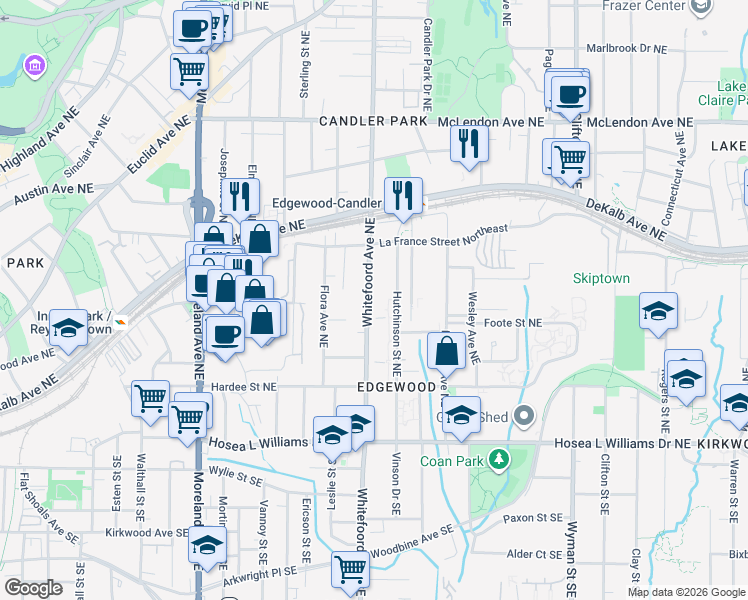 map of restaurants, bars, coffee shops, grocery stores, and more near 177 Whitefoord Avenue Northeast in Atlanta