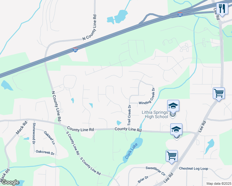map of restaurants, bars, coffee shops, grocery stores, and more near 1515 Olde Oak Drive in Lithia Springs