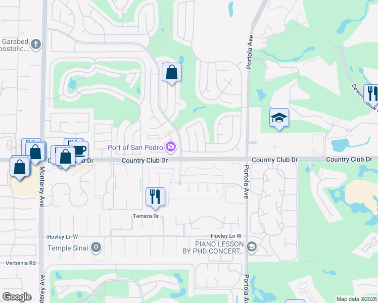 map of restaurants, bars, coffee shops, grocery stores, and more near 73470 Desert Greens Drive South in Palm Desert