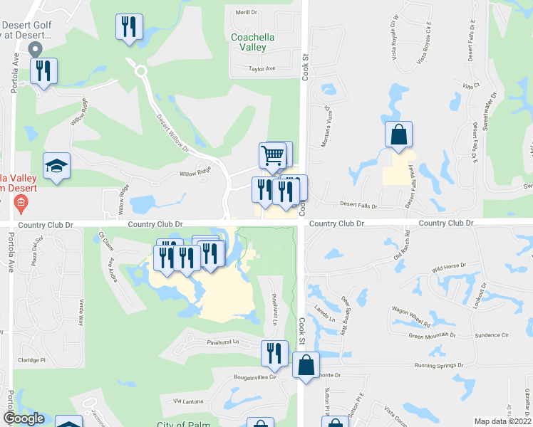 map of restaurants, bars, coffee shops, grocery stores, and more near 74880 Country Club Drive in Palm Desert