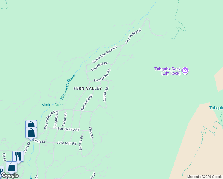 map of restaurants, bars, coffee shops, grocery stores, and more near 55526 Howland Road in Idyllwild-Pine Cove