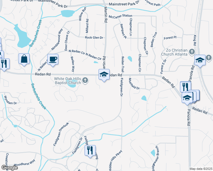 map of restaurants, bars, coffee shops, grocery stores, and more near 5247 Redan Road in Stone Mountain