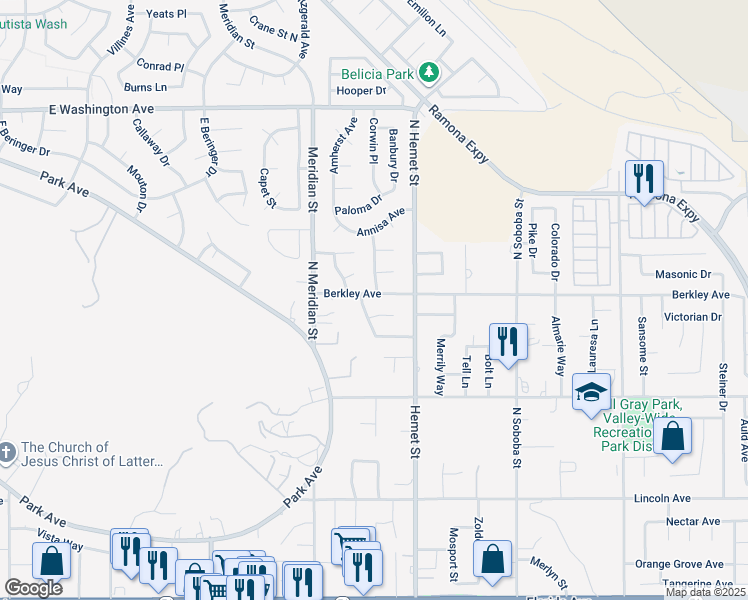 map of restaurants, bars, coffee shops, grocery stores, and more near 4357 Berkley Avenue in Hemet
