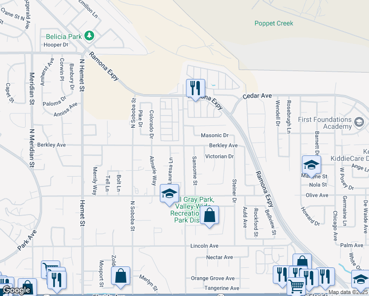 map of restaurants, bars, coffee shops, grocery stores, and more near 441 Lake Street in Hemet