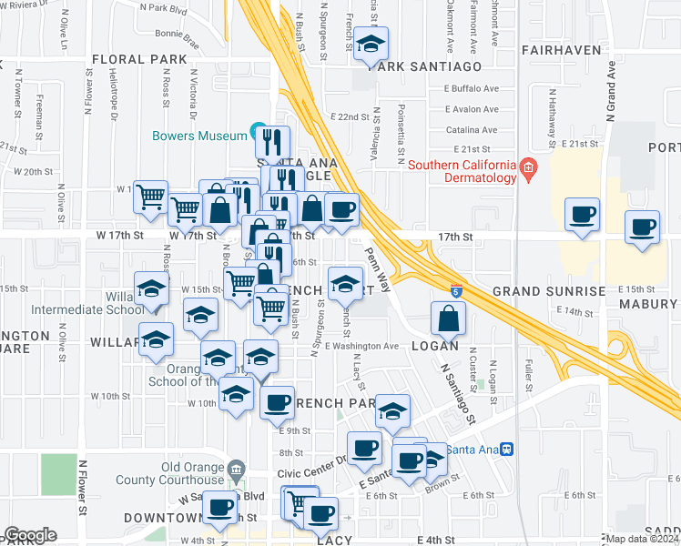 map of restaurants, bars, coffee shops, grocery stores, and more near 1602 French Street in Santa Ana