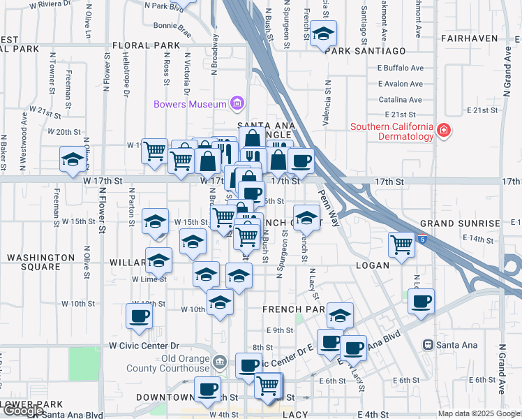 map of restaurants, bars, coffee shops, grocery stores, and more near 1601 North Main Street in Santa Ana