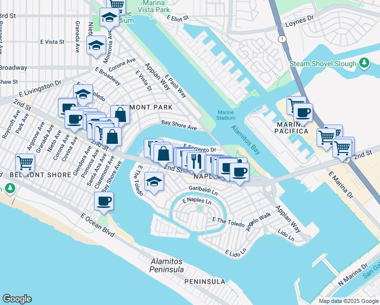 map of restaurants, bars, coffee shops, grocery stores, and more near 5545 East Sorrento Drive in Long Beach