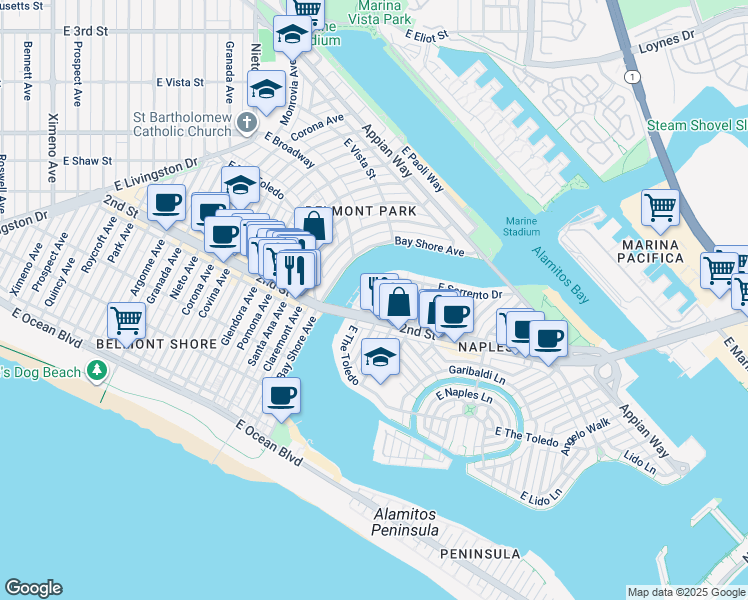 map of restaurants, bars, coffee shops, grocery stores, and more near 5447 East Sorrento Drive in Long Beach