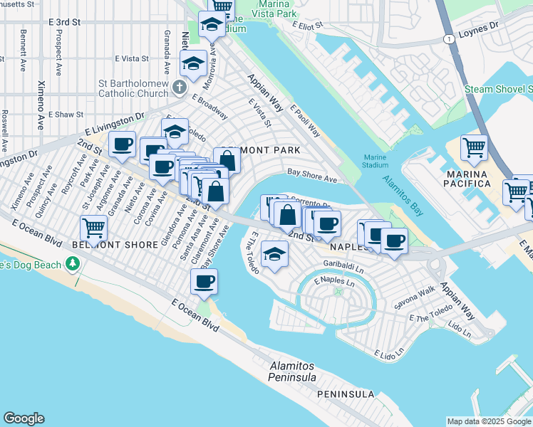 map of restaurants, bars, coffee shops, grocery stores, and more near 5447 East Sorrento Drive in Long Beach