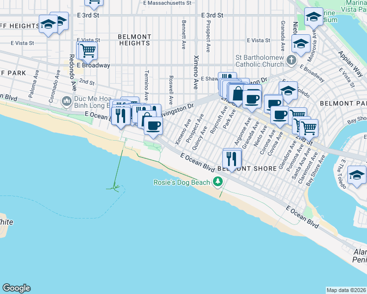 map of restaurants, bars, coffee shops, grocery stores, and more near 40 Ximeno Avenue in Long Beach