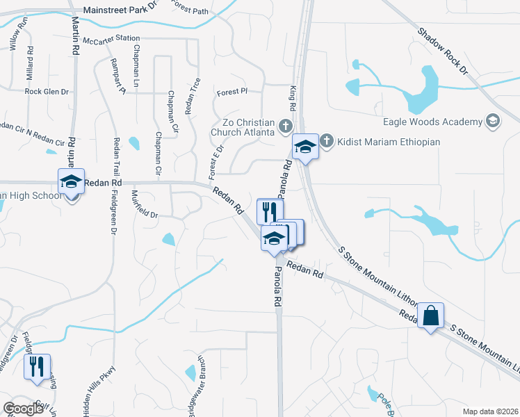 map of restaurants, bars, coffee shops, grocery stores, and more near 1184 Dustin Court in Stone Mountain