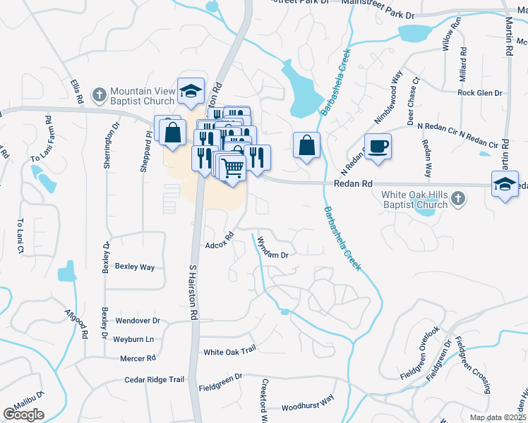 map of restaurants, bars, coffee shops, grocery stores, and more near 1247 Adcox Square in Stone Mountain