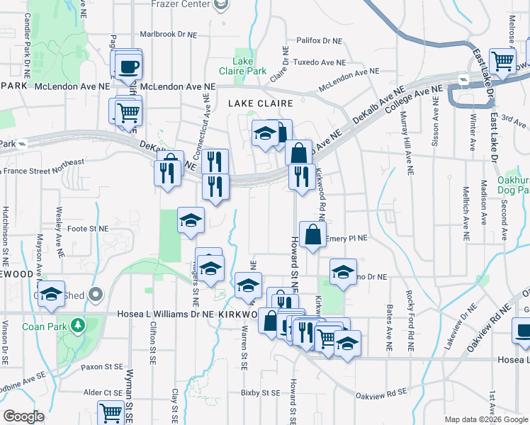 map of restaurants, bars, coffee shops, grocery stores, and more near 225 Warren Street Northeast in Atlanta