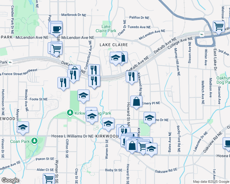 map of restaurants, bars, coffee shops, grocery stores, and more near 210 Locust Street Northeast in Atlanta