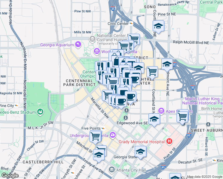 map of restaurants, bars, coffee shops, grocery stores, and more near 161 Ted Turner Drive Northwest in Atlanta