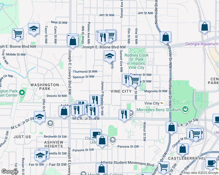 map of restaurants, bars, coffee shops, grocery stores, and more near 157 Griffin Street Northwest in Atlanta