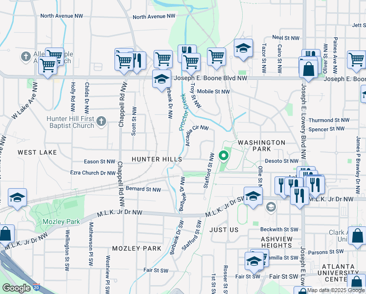 map of restaurants, bars, coffee shops, grocery stores, and more near 112 Arcadia Circle Northwest in Atlanta