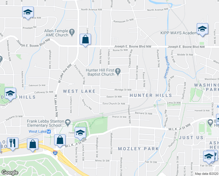 map of restaurants, bars, coffee shops, grocery stores, and more near 1471 Akridge Street Northwest in Atlanta