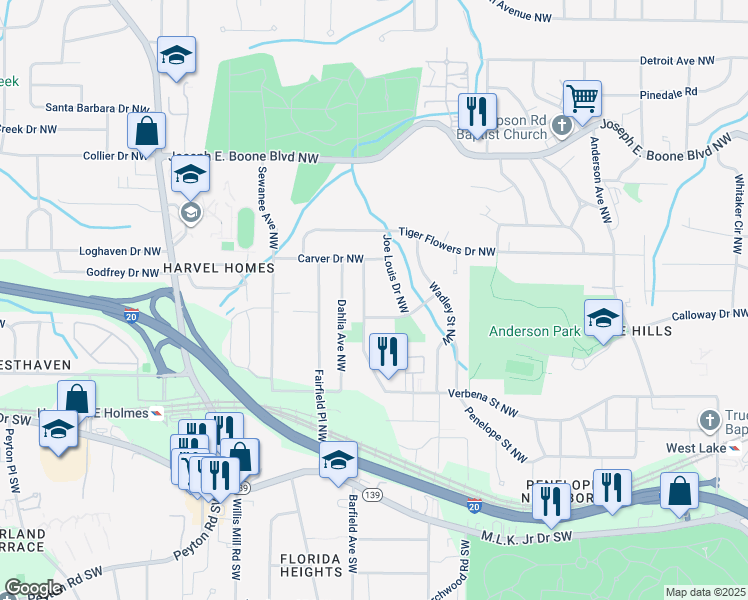map of restaurants, bars, coffee shops, grocery stores, and more near 192 Joe Louis Drive Northwest in Atlanta