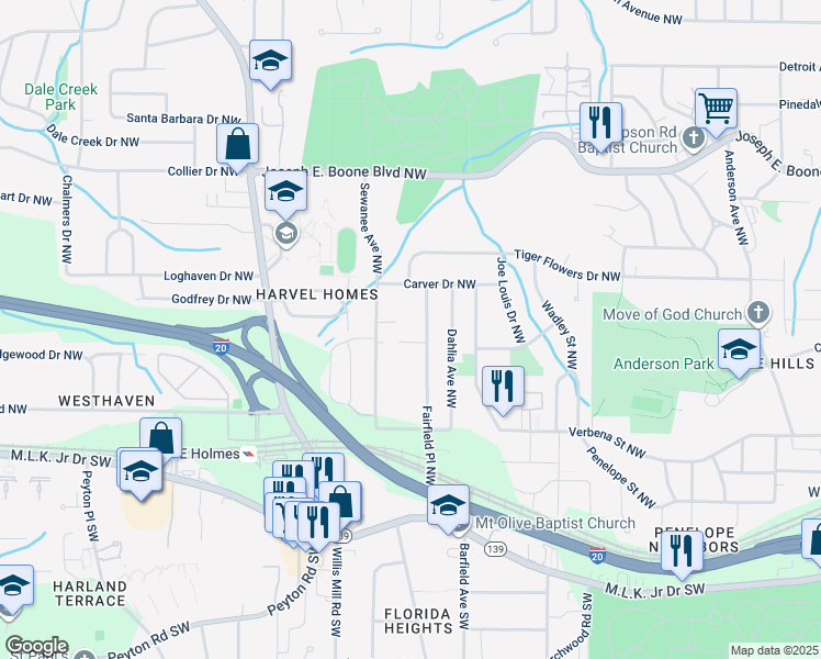 map of restaurants, bars, coffee shops, grocery stores, and more near 172 Fairfield Place Northwest in Atlanta
