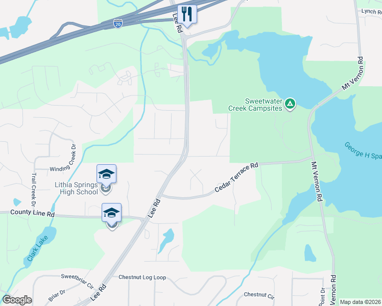 map of restaurants, bars, coffee shops, grocery stores, and more near 2310 Brookstone Drive in Lithia Springs