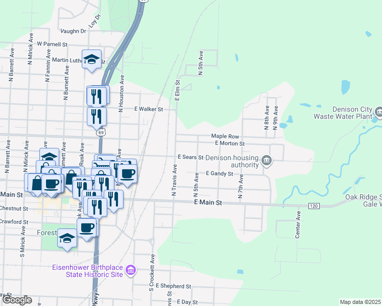 map of restaurants, bars, coffee shops, grocery stores, and more near 416 East Morton Street in Denison
