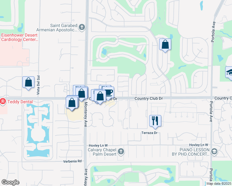map of restaurants, bars, coffee shops, grocery stores, and more near 104 Corte Bella in Palm Desert