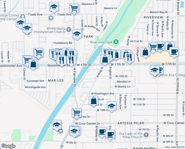 map of restaurants, bars, coffee shops, grocery stores, and more near 1602 North King Street in Santa Ana