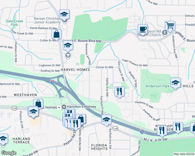 map of restaurants, bars, coffee shops, grocery stores, and more near 156 Fairfield Place Northwest in Atlanta