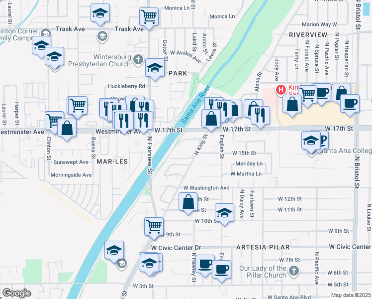 map of restaurants, bars, coffee shops, grocery stores, and more near 1602 North King Street in Santa Ana