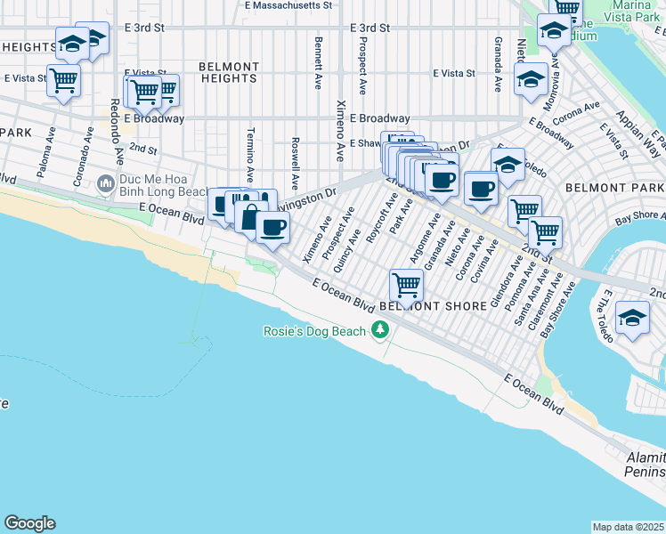 map of restaurants, bars, coffee shops, grocery stores, and more near 39 Quincy Avenue in Long Beach