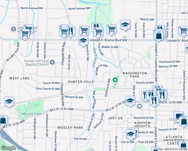 map of restaurants, bars, coffee shops, grocery stores, and more near 112 Arcadia Circle Northwest in Atlanta