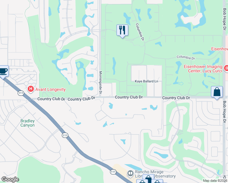 map of restaurants, bars, coffee shops, grocery stores, and more near 39855 Morningsprings Road in Rancho Mirage