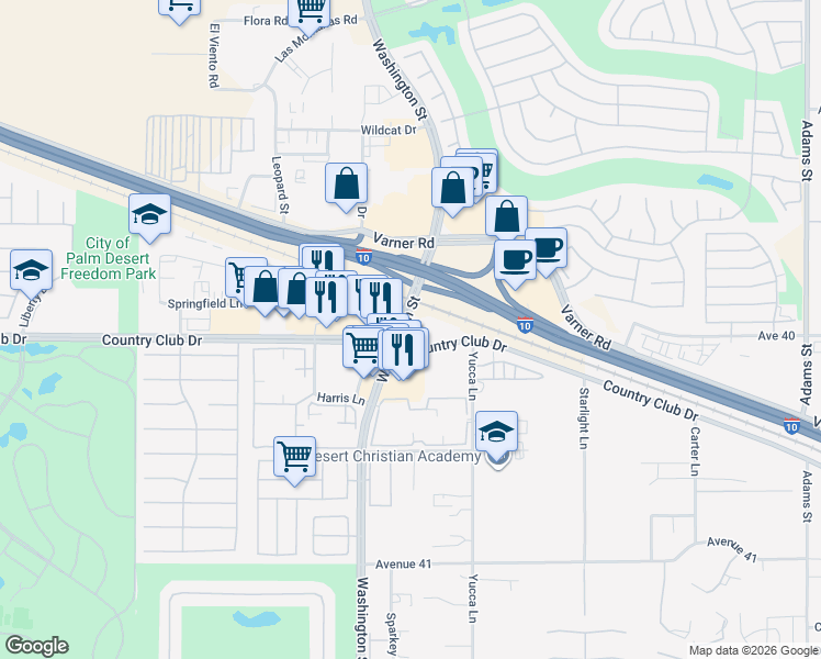 map of restaurants, bars, coffee shops, grocery stores, and more near 106 Washington Street in Indio