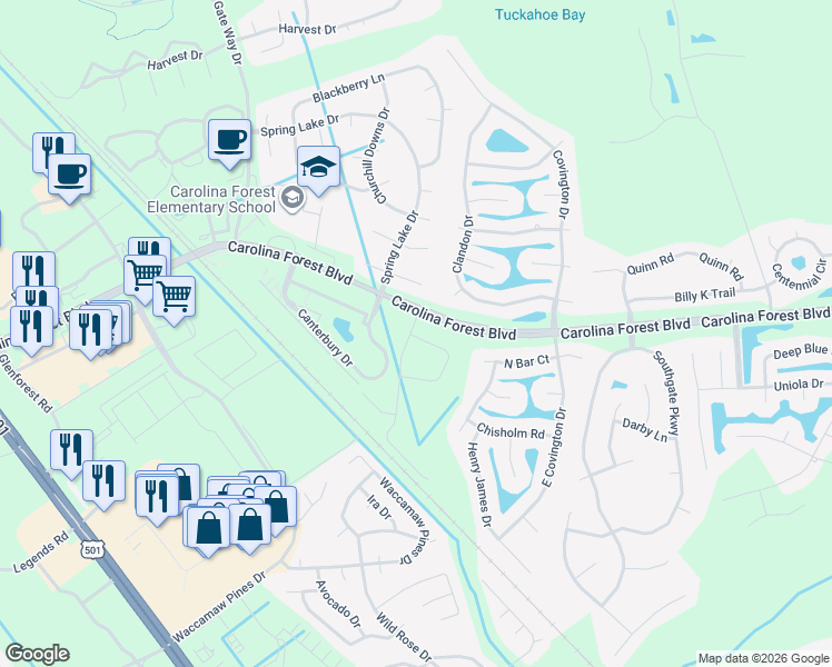 map of restaurants, bars, coffee shops, grocery stores, and more near 335 Marigold Drive in Myrtle Beach