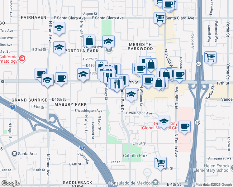 map of restaurants, bars, coffee shops, grocery stores, and more near 1730 17th Street in Santa Ana