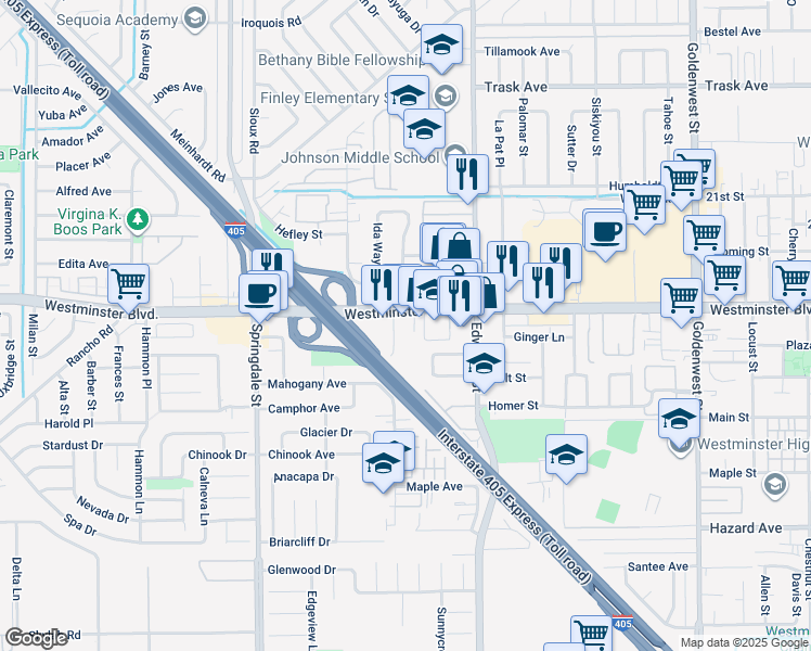 map of restaurants, bars, coffee shops, grocery stores, and more near in Westminster